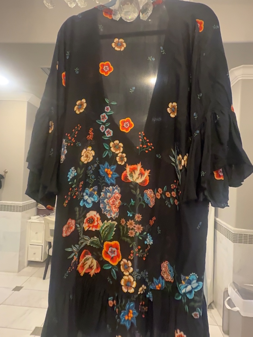 Johnny Was Nora Ruffle Kimono Black Floral Silk Boho Duster Cover-Up - Picture 8 of 13